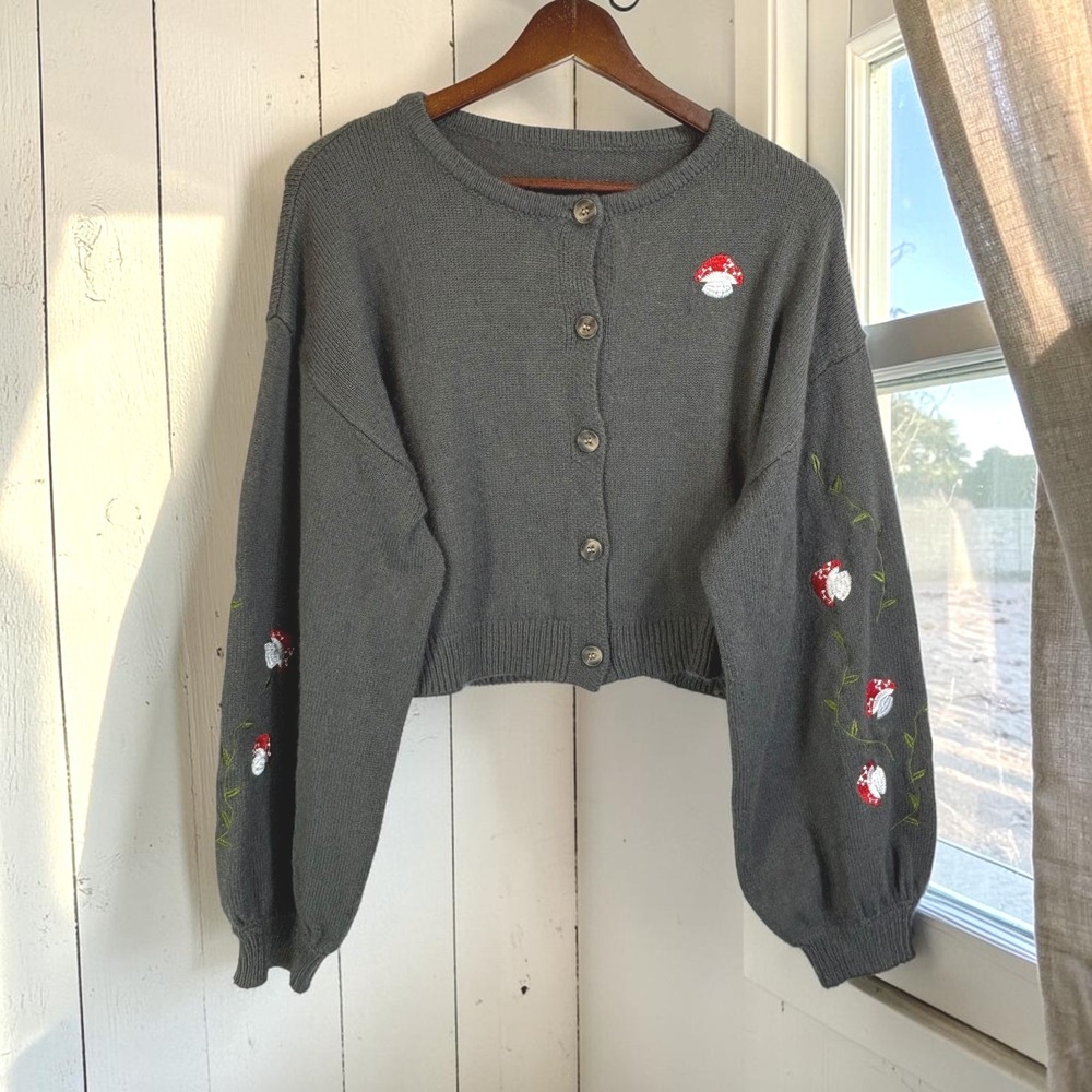 Mushroom Cardigan Romwe L Gray Acrylic Embroidered Cropped Sweater Whimsical